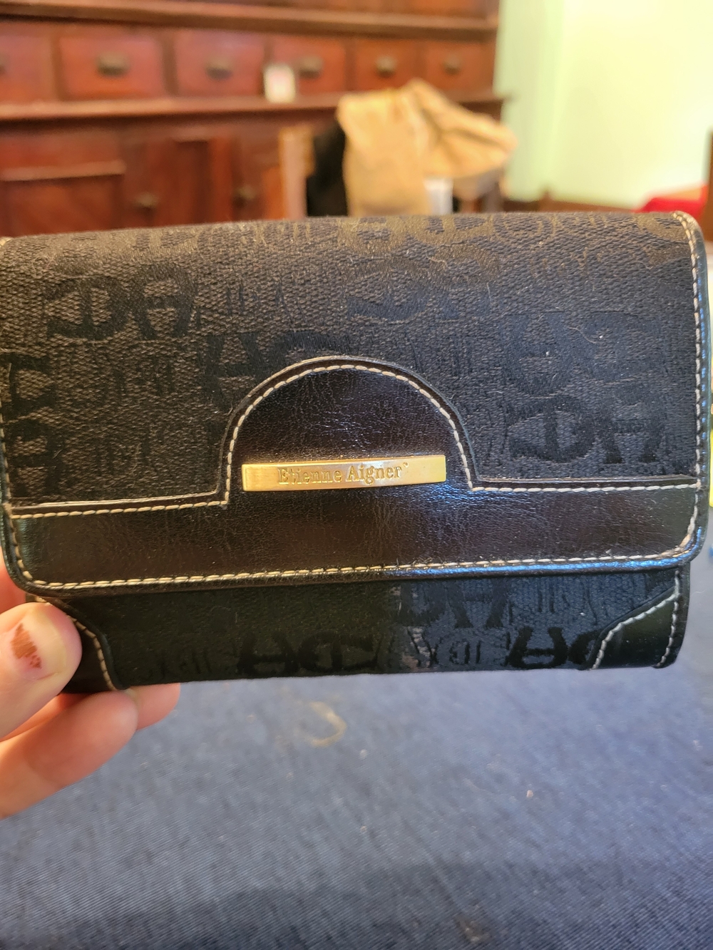 Etienne Aigner Black Signature Continental Wallet with Gold Logo Plaque
